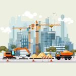 City construction work process with machines vector illustration. Engineers with building cranes and cement trucks flat style. Project of residential houses concept